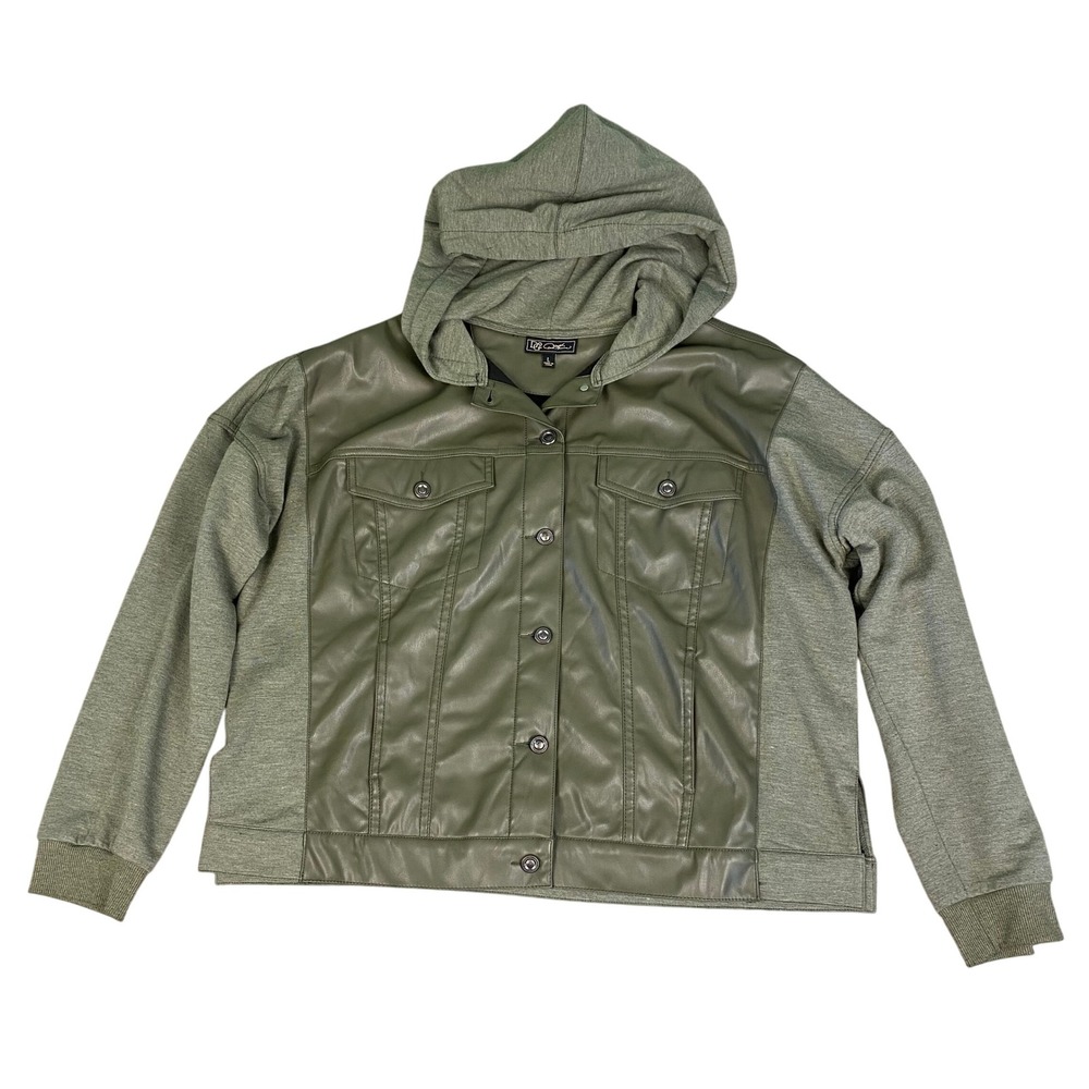DG2 Diane Gilman Hooded Faux Leather‎ Jacket Olive Green Utility Sweatshirt Lg